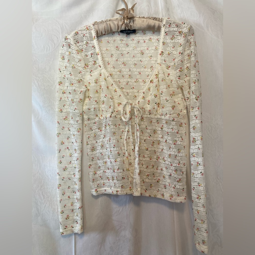 Self Esteem XS Womens Y2K Sheer Lace Floral Tie Blouse Pink and Cream Coquette